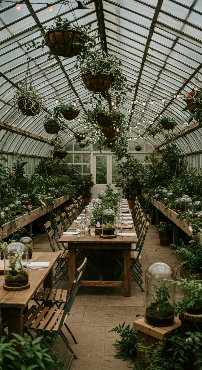 Longues tables en bois dans une serre, décorées de terrariums, plantes sous cloche et guirlandes lumineuses.