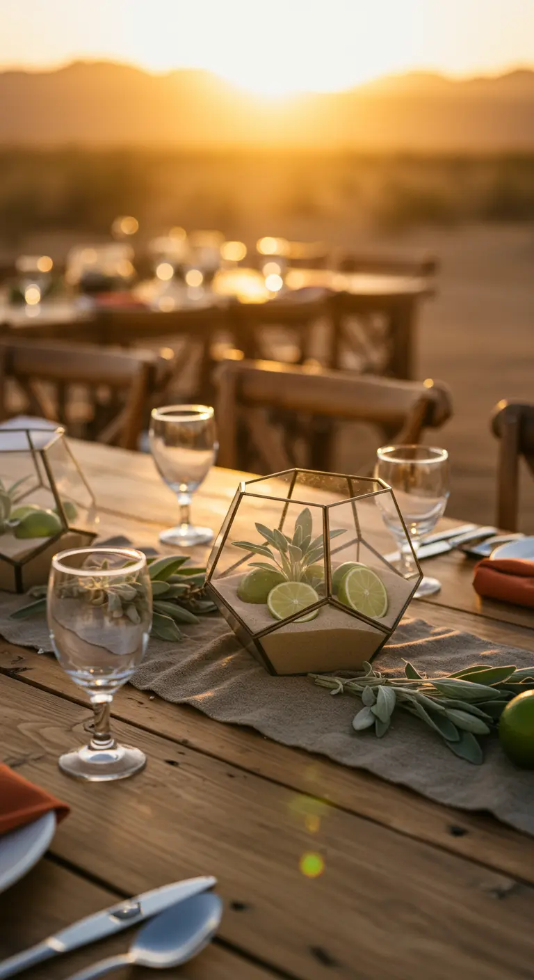 Terrarium géométrique avec du sable, des limes et de la sauge sur une table en bois.