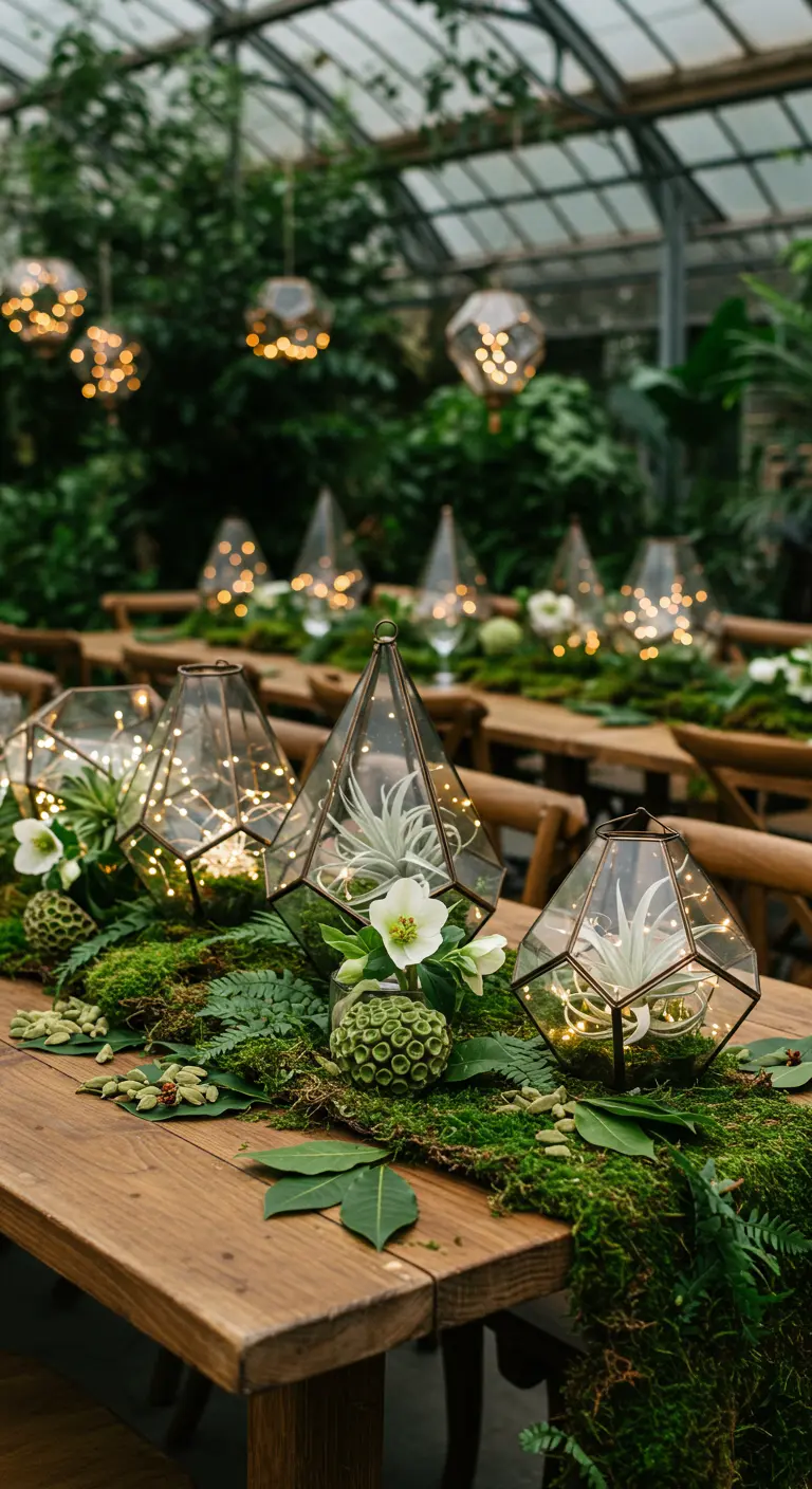 Centre de table avec terrariums géométriques, guirlandes lumineuses et mousse.