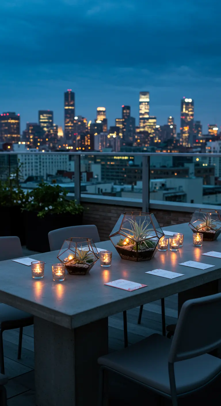 Table sur un rooftop avec des terrariums géométriques en cuivre et des bougies.
