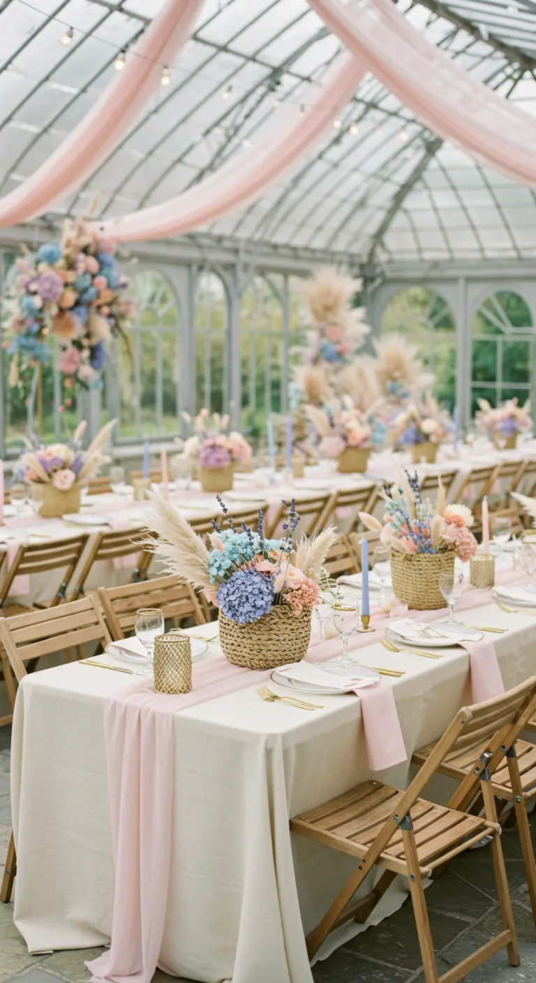 Centres de table avec terrariums géométriques, succulentes et guirlandes lumineuses.