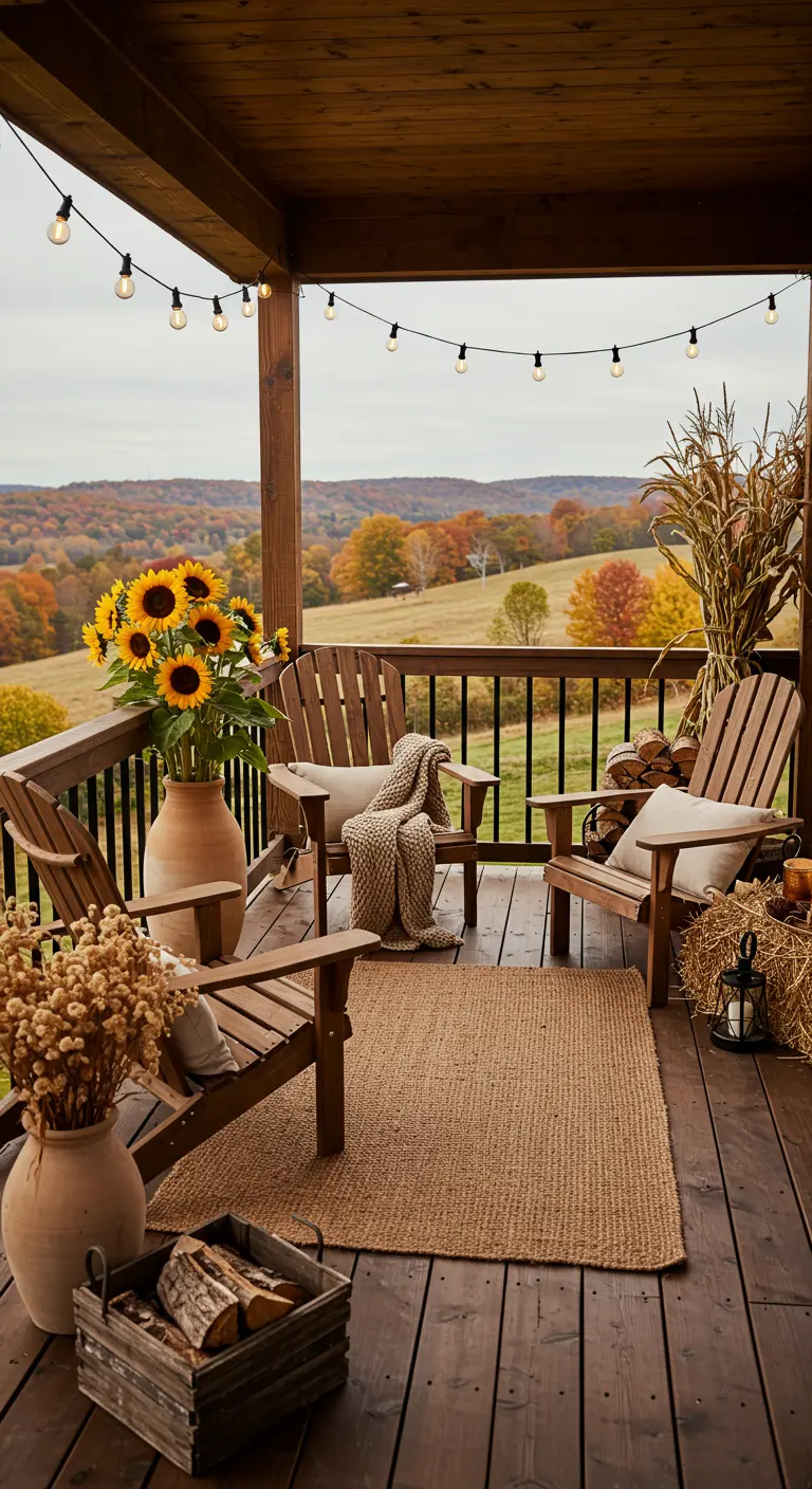 Terrasse rustique avec chaises Adirondack, bottes de foin, tournesols, bûches et guirlandes lumineuses.