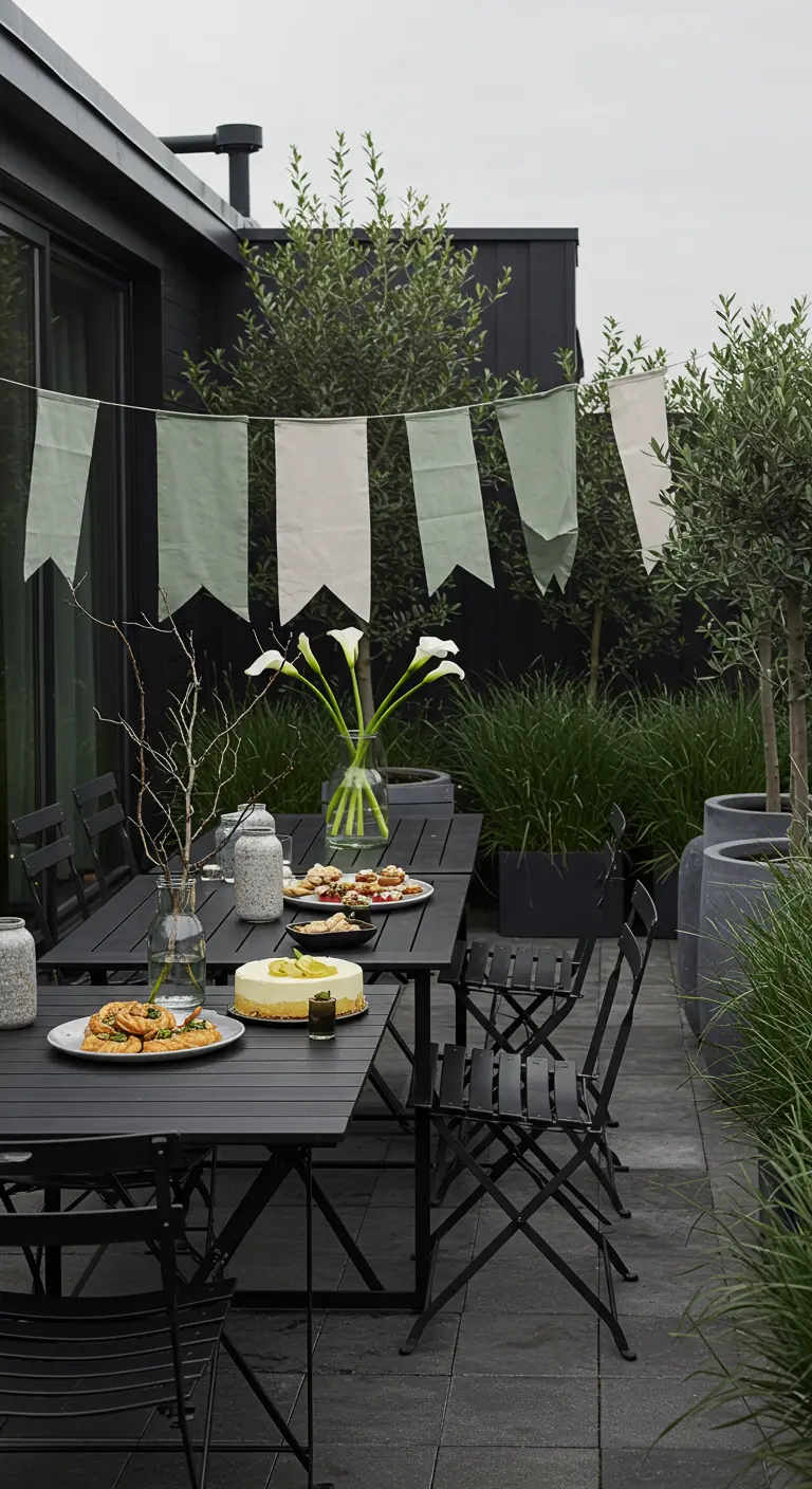 Fête sur une terrasse moderne avec mobilier noir, oliviers en pot et guirlande bicolore.