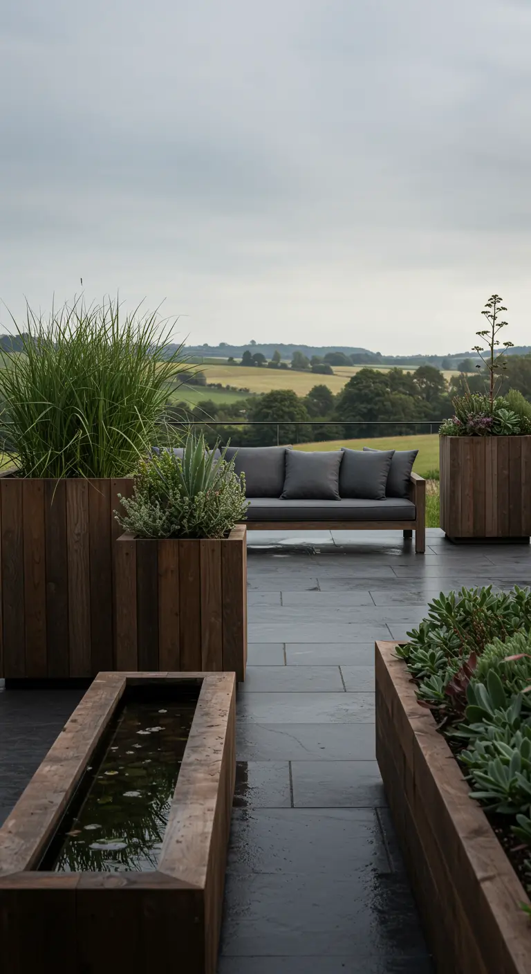 Grande terrasse moderne avec jardinières en bois foncé, herbes hautes, plantes grasses, canapé.