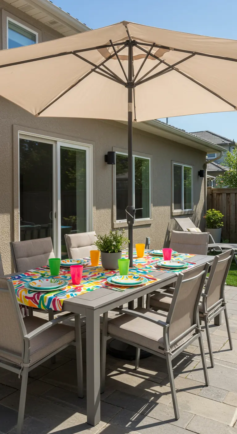 Table moderne grise avec nappe abstraite colorée, vaisselle vive et grand parasol beige.