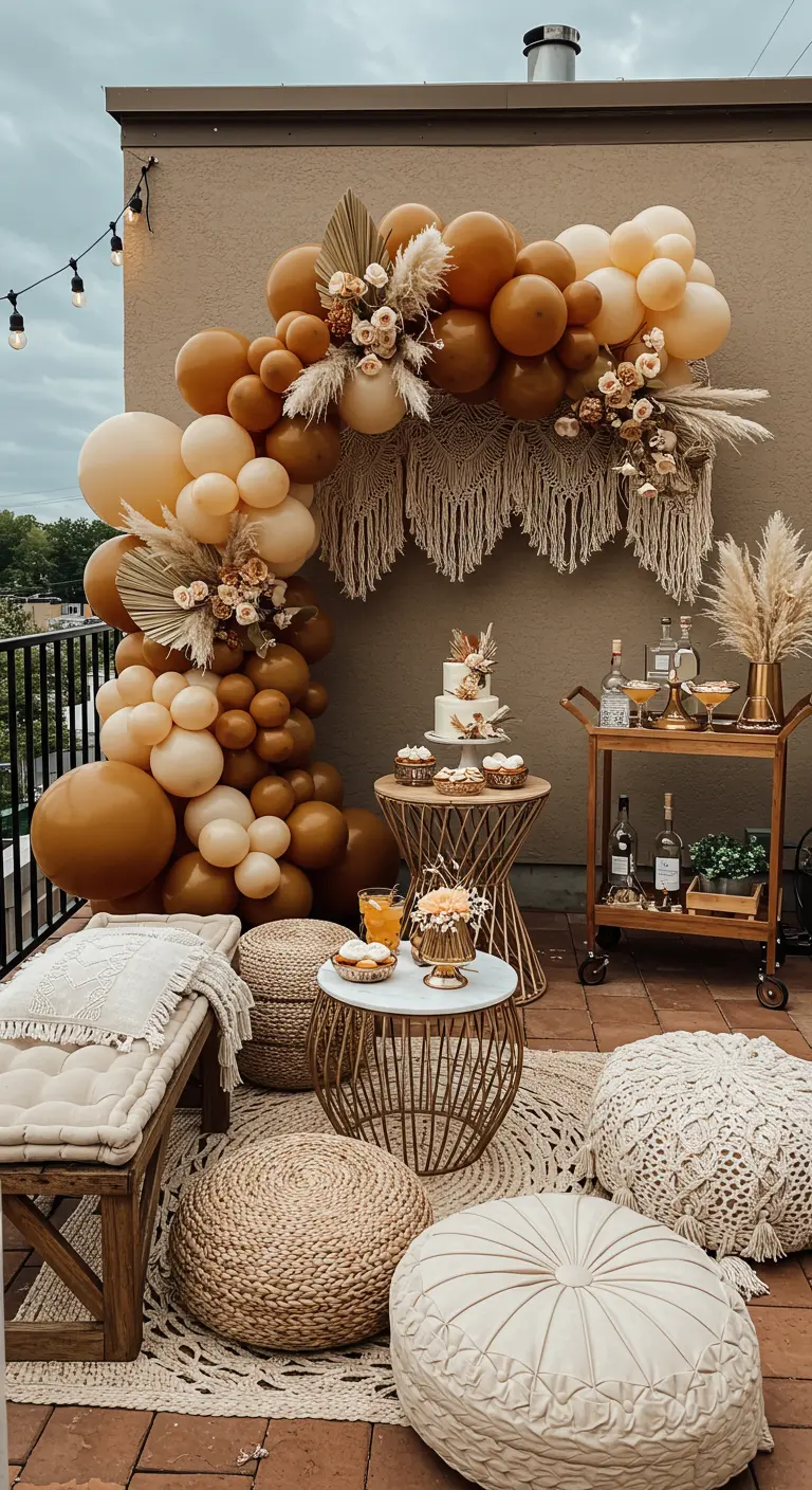 Arche de ballons marron et beiges sur une terrasse de toit avec mobilier cosy.