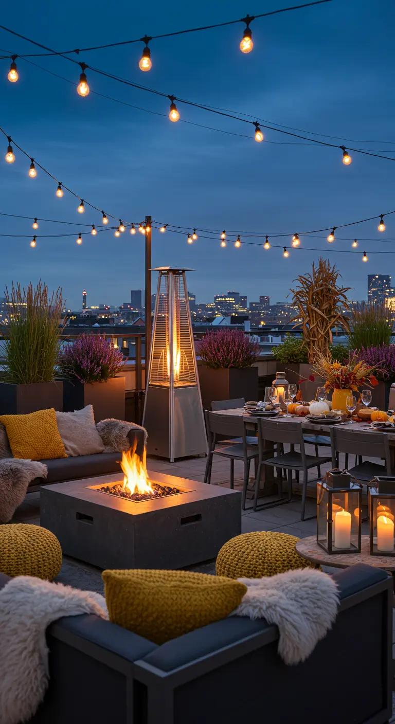 Terrasse de toit avec brasero, canapés cosy, guirlandes lumineuses et plantes dans des pots modernes.