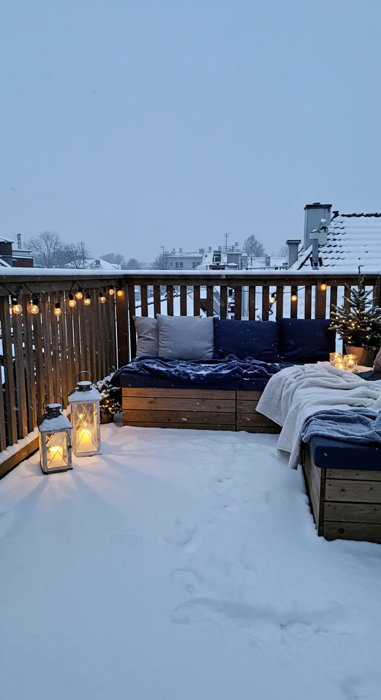 Grande terrasse enneigée avec canapé en bois, coussins bleus, plaids blancs et lanternes.