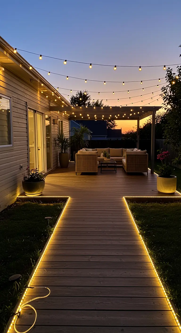 Terrasse en bois et allée adjacente éclairées par des LED et des guirlandes lumineuses sous un ciel crépusculaire.