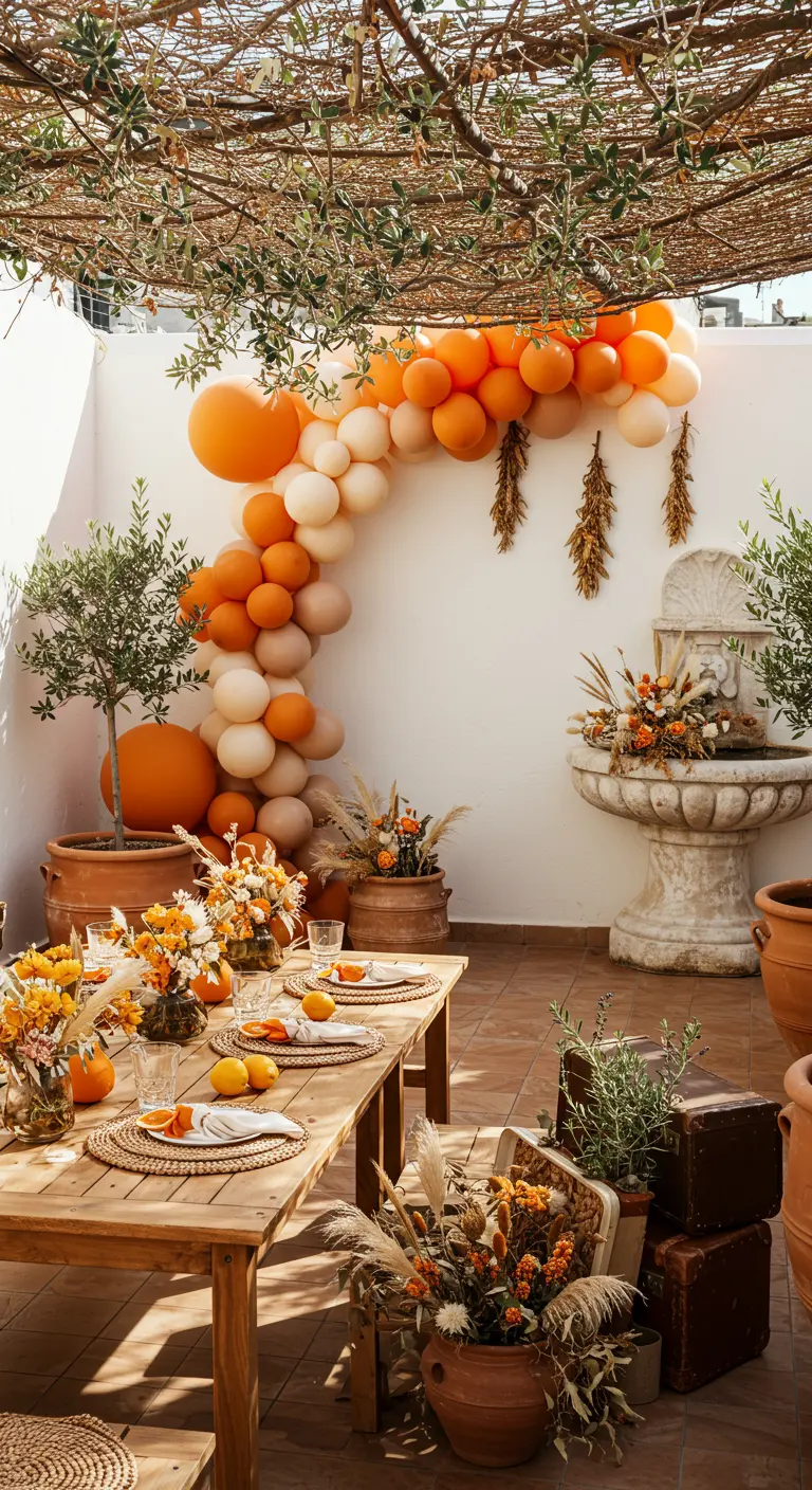 Terrasse ensoleillée avec arche de ballons oranges et beiges, fontaine, oliviers et agrumes.