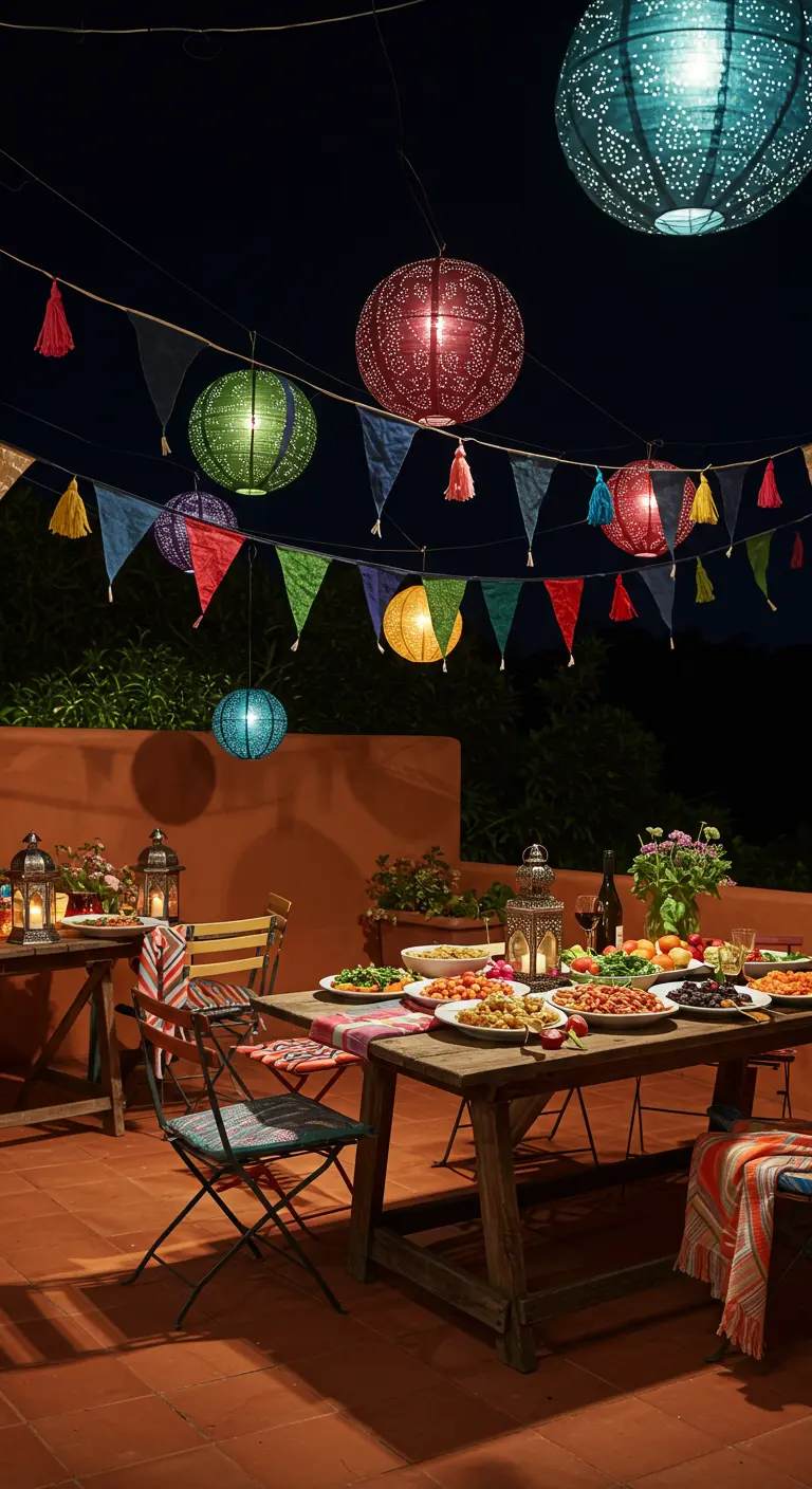 Terrasse décorée dans un style oriental avec lanternes ajourées, lampions colorés, fanions à pompons et tables en bois.