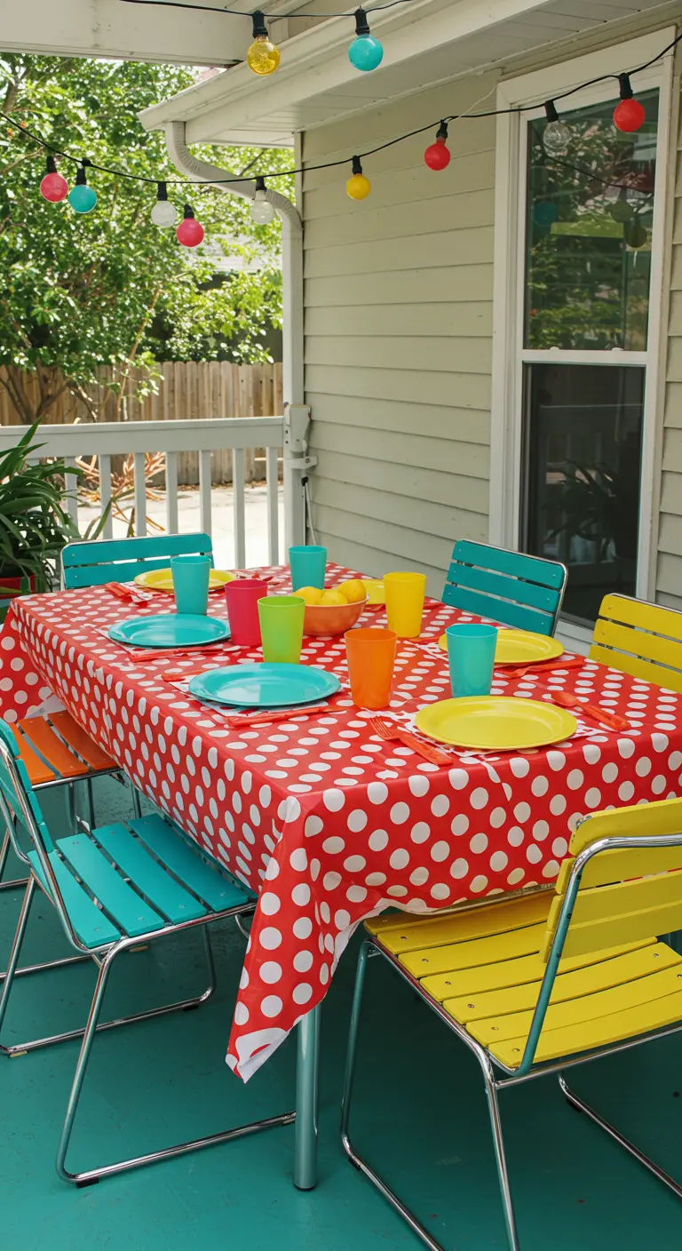 Table avec nappe à pois rouges, chaises multicolores et guirlande lumineuse colorée sur une terrasse.