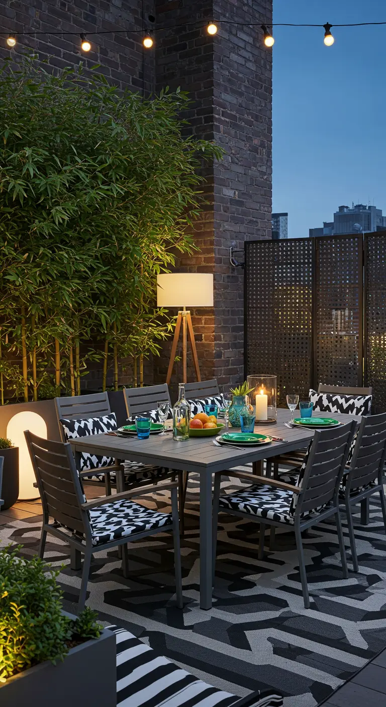 Terrasse urbaine avec table grise, chaises à motifs, tapis géométrique, bambous et éclairage moderne.