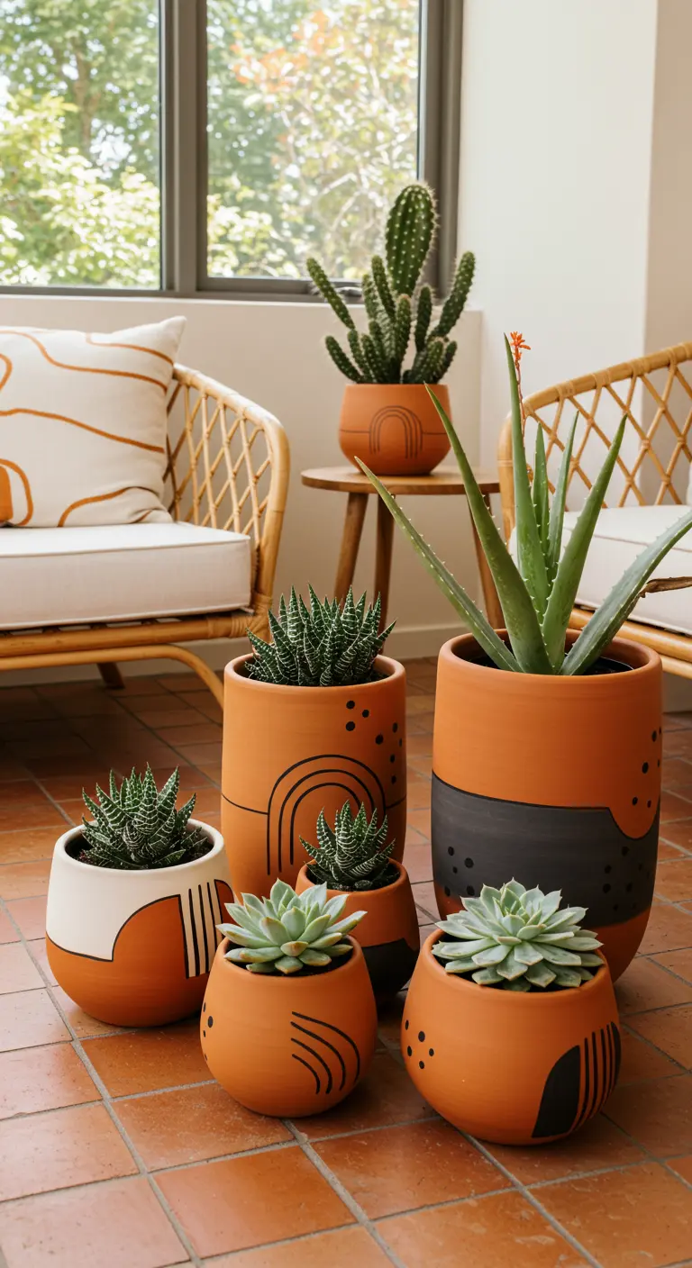 Pots en terre cuite décorés de motifs abstraits noirs et blancs.