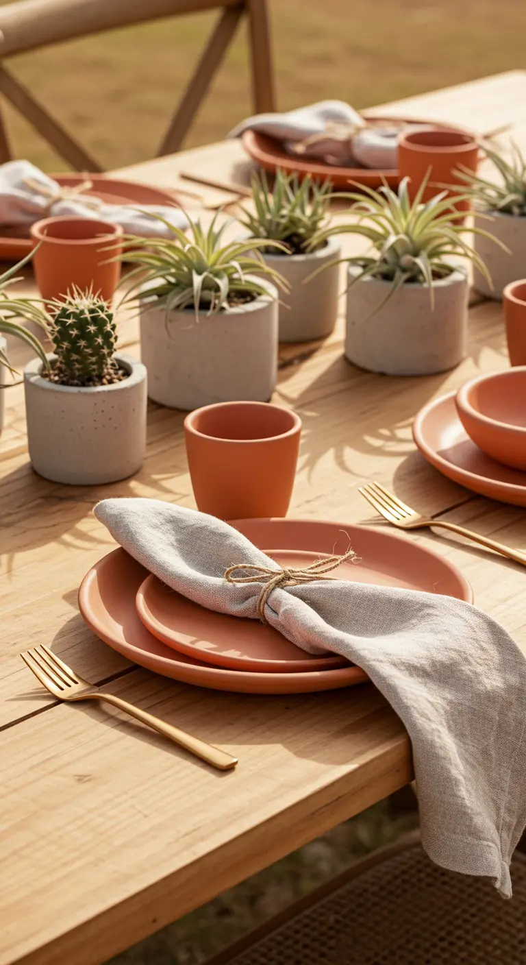 Gros plan sur une table en bois avec assiettes en terre cuite, couverts dorés et mini-succulentes.