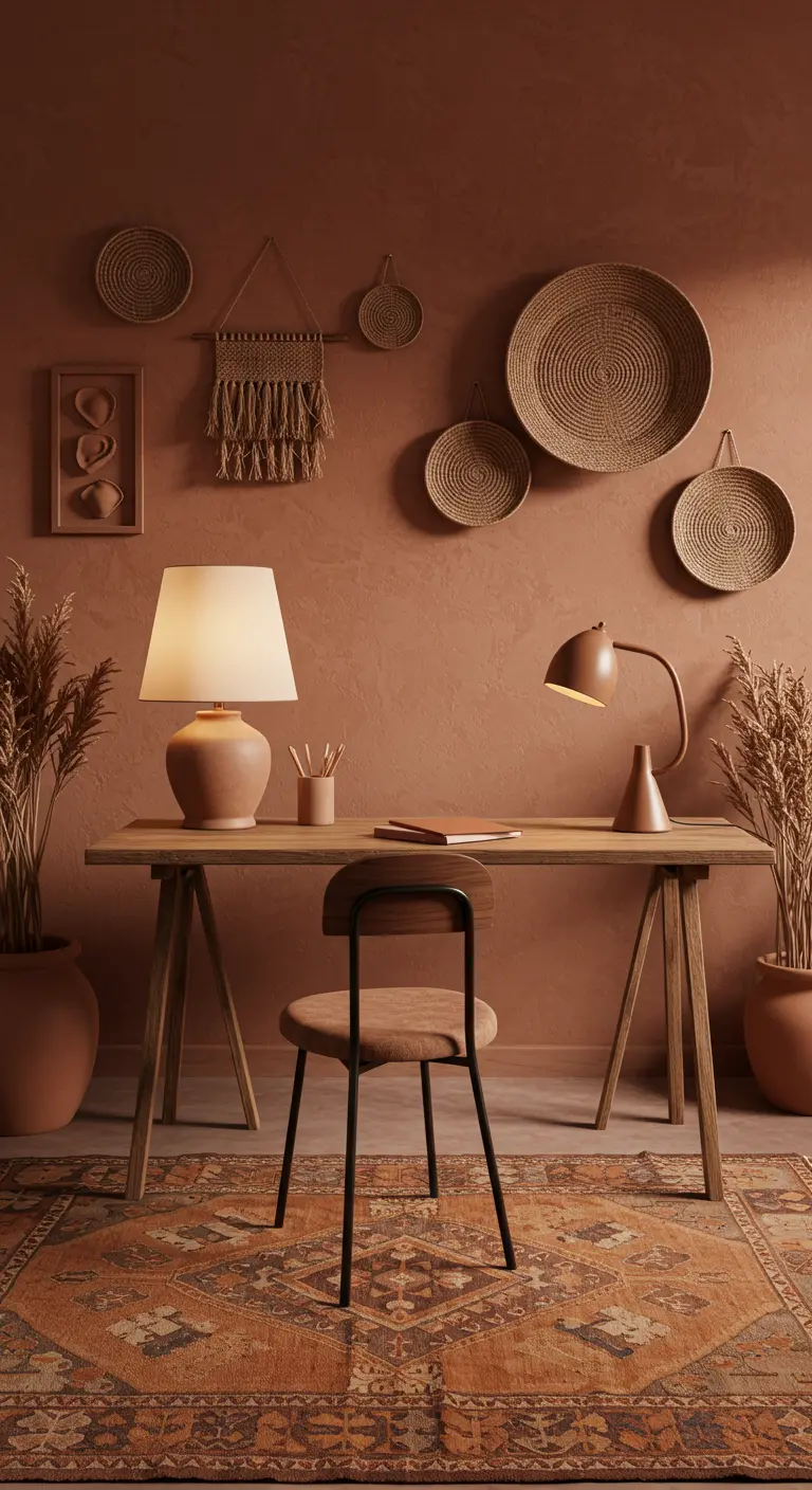 Bureau en bois rustique avec murs couleur terre cuite et décorations murales tissées.