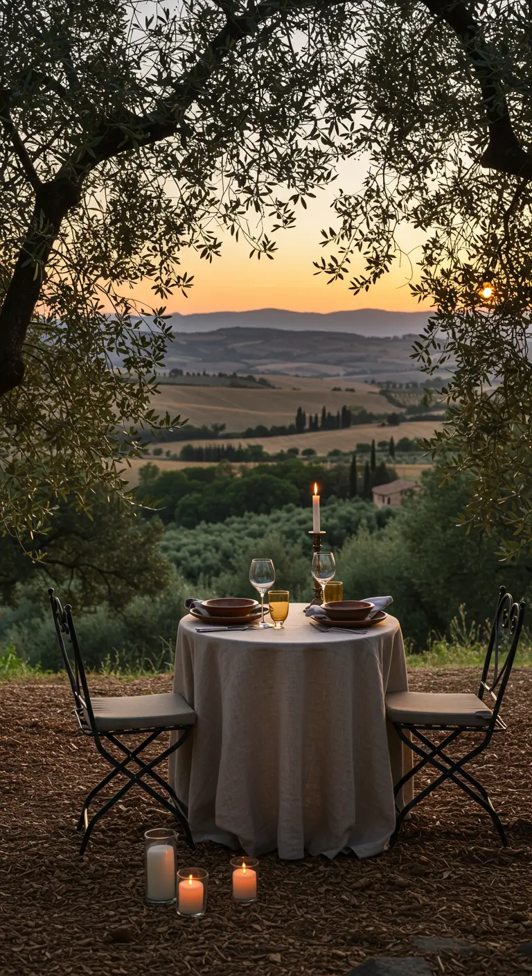 Table pour deux dressée en plein air, surplombant un paysage de collines toscanes au crépuscule.