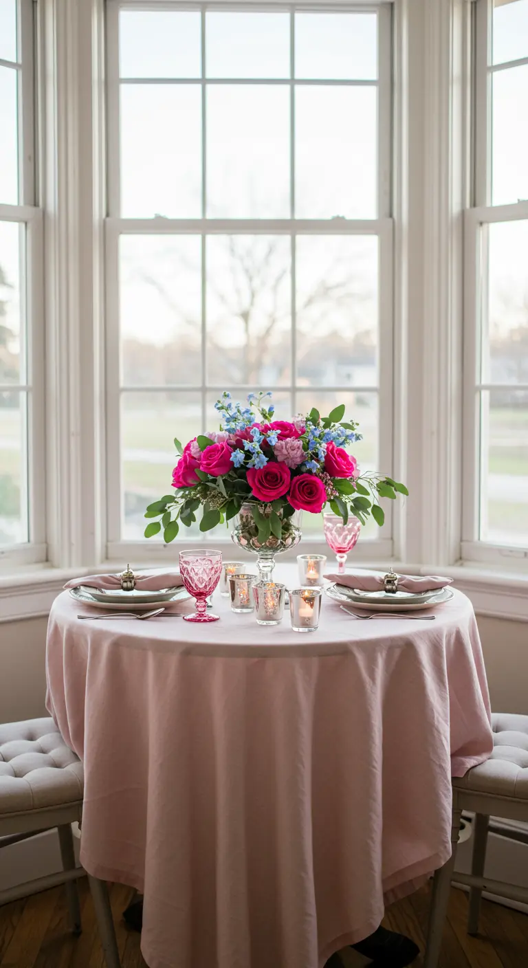 Table pour deux dressée en rose avec un bouquet de roses fuchsia.