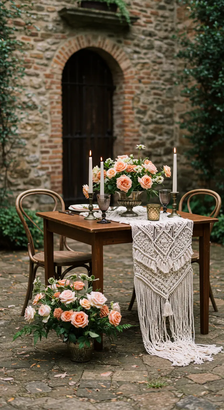 Table romantique pour deux dans une cour, avec des roses et un long macramé.