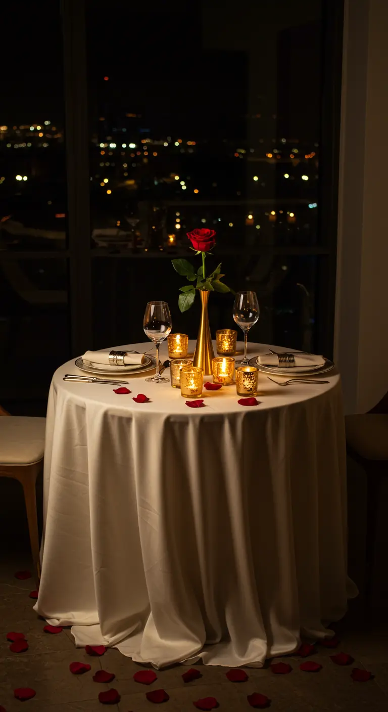 Dîner romantique pour deux avec une rose rouge, des bougies dorées et vue sur la ville.