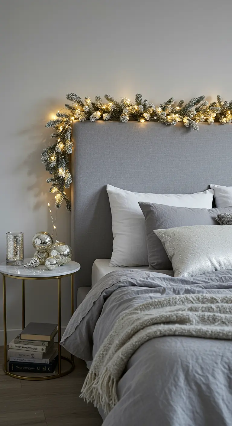 Tête de lit grise décorée d'une guirlande lumineuse enneigée.