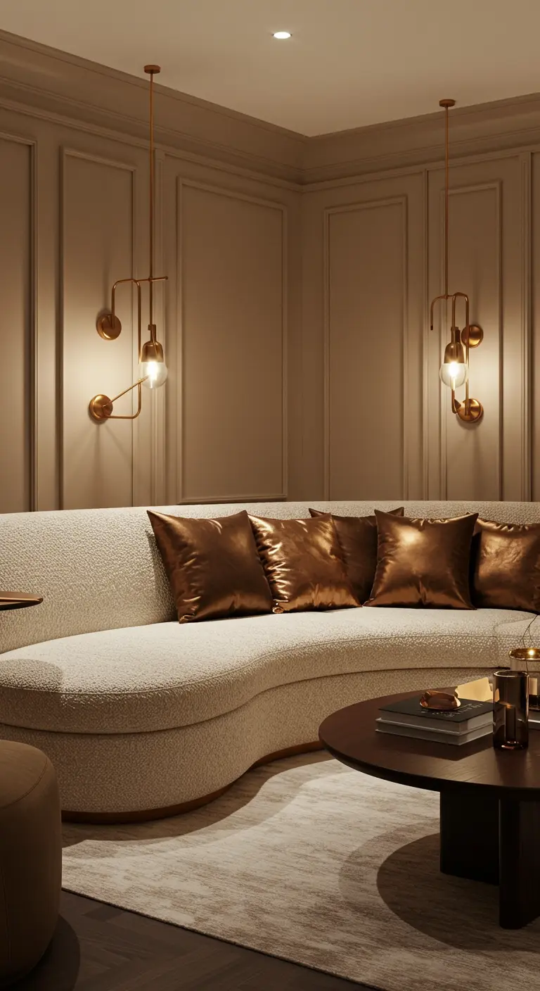 Canapé incurvé en tissu bouclé blanc cassé avec des coussins satinés de couleur bronze.