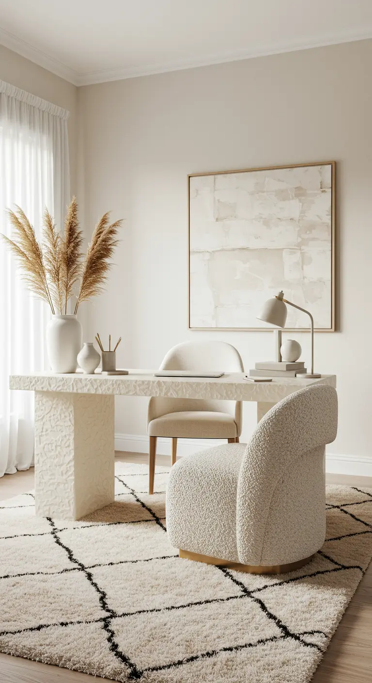 Bureau minimaliste texturé avec chaise en bouclé et herbe de la pampa.