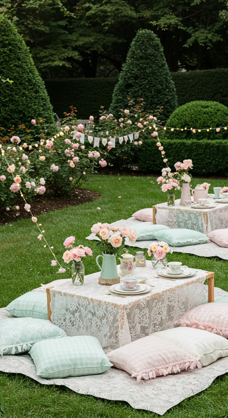 Pique-nique élégant dans un jardin fleuri avec nappes en dentelle et coussins pastels.