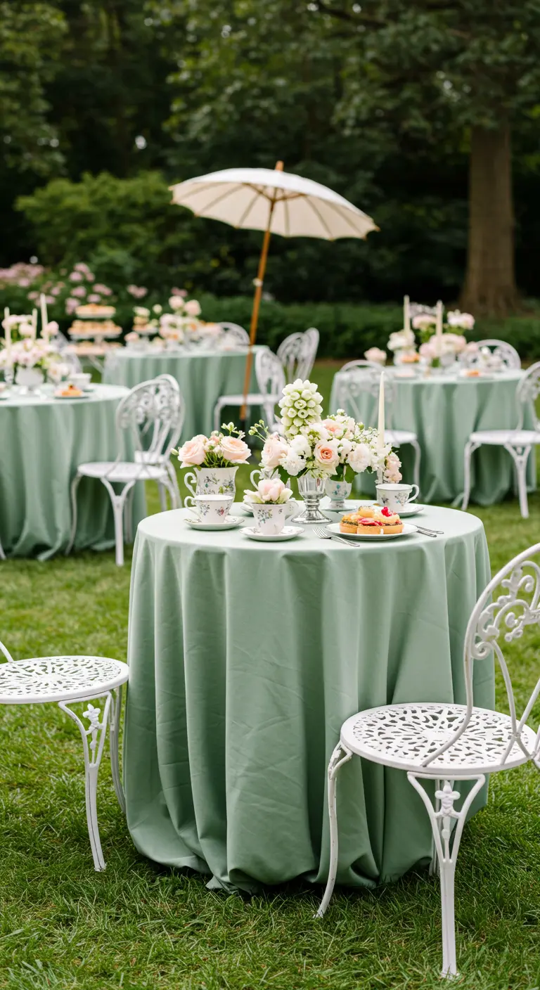 Jardin avec tables rondes nappe vert d'eau, chaises blanches, bouquets de roses dans des tasses.