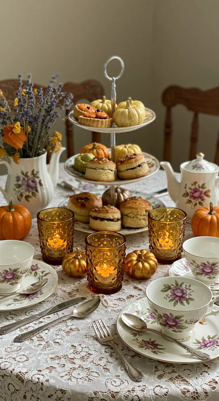 Une table avec nappe en dentelle, service à thé floral, mini citrouilles, photophores ambrés et un plateau de pâtisseries.