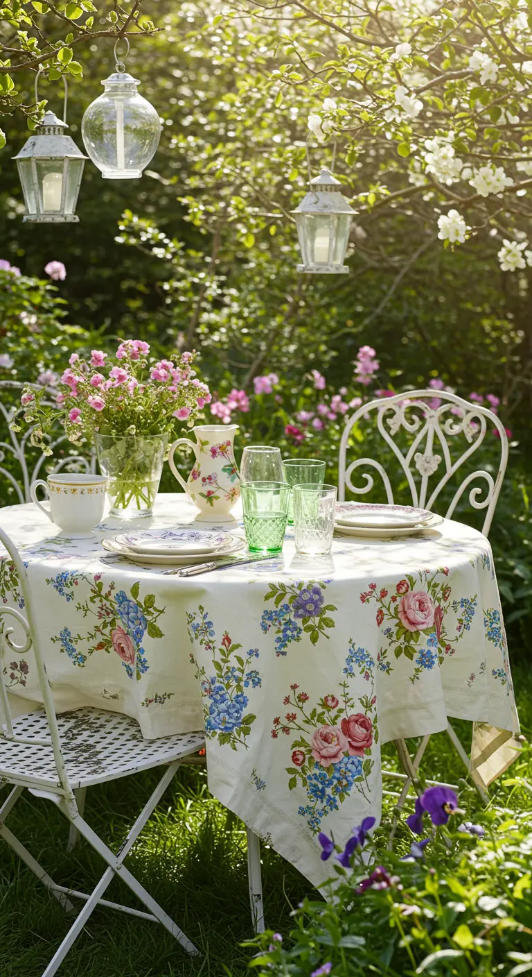Table bistro en fer forgé dans un jardin fleuri, nappe florale, tasses en porcelaine et lanternes.
