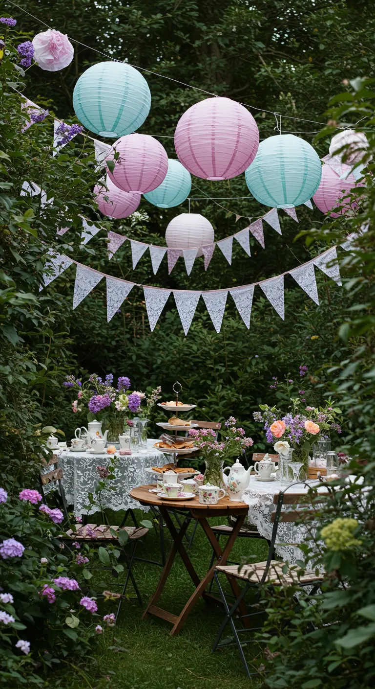 Thé de l'après-midi romantique dans un jardin luxuriant avec tables en dentelle, lampions pastel et fanions.