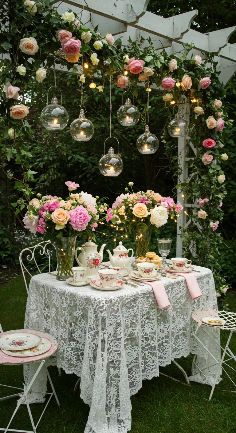 Table de thé en extérieur sous une arche fleurie de roses, avec nappe en dentelle, vaisselle florale et boules lumineuses.