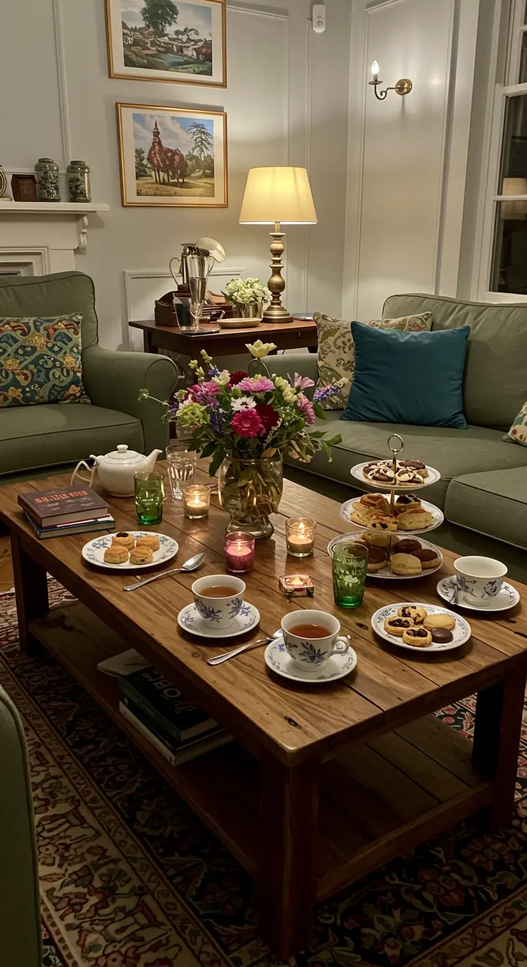 Table basse garnie de pâtisseries sur un présentoir à étages, bouquets de fleurs et services à thé vintage.