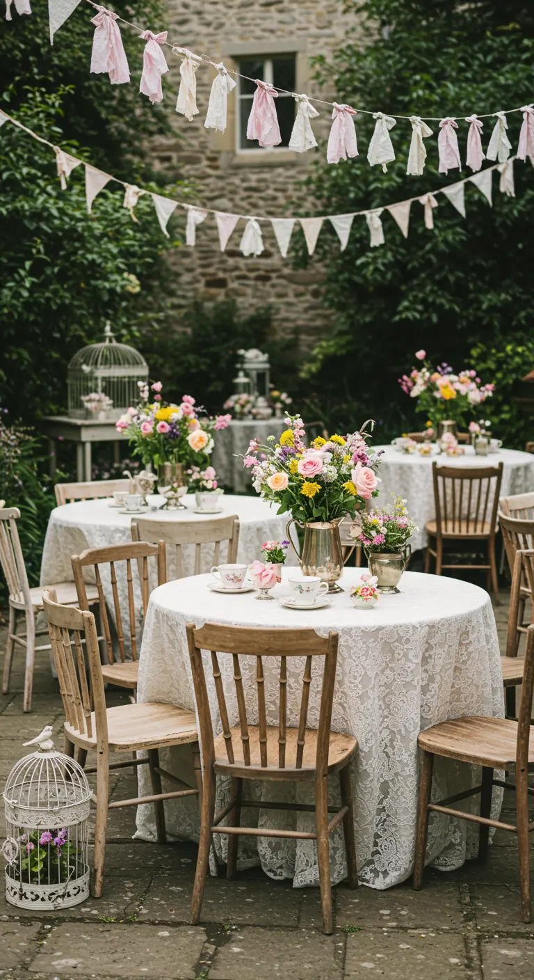 Thé party en extérieur avec tables rondes en dentelle, bouquets de fleurs, guirlandes de fanions et cages à oiseaux décoratives.