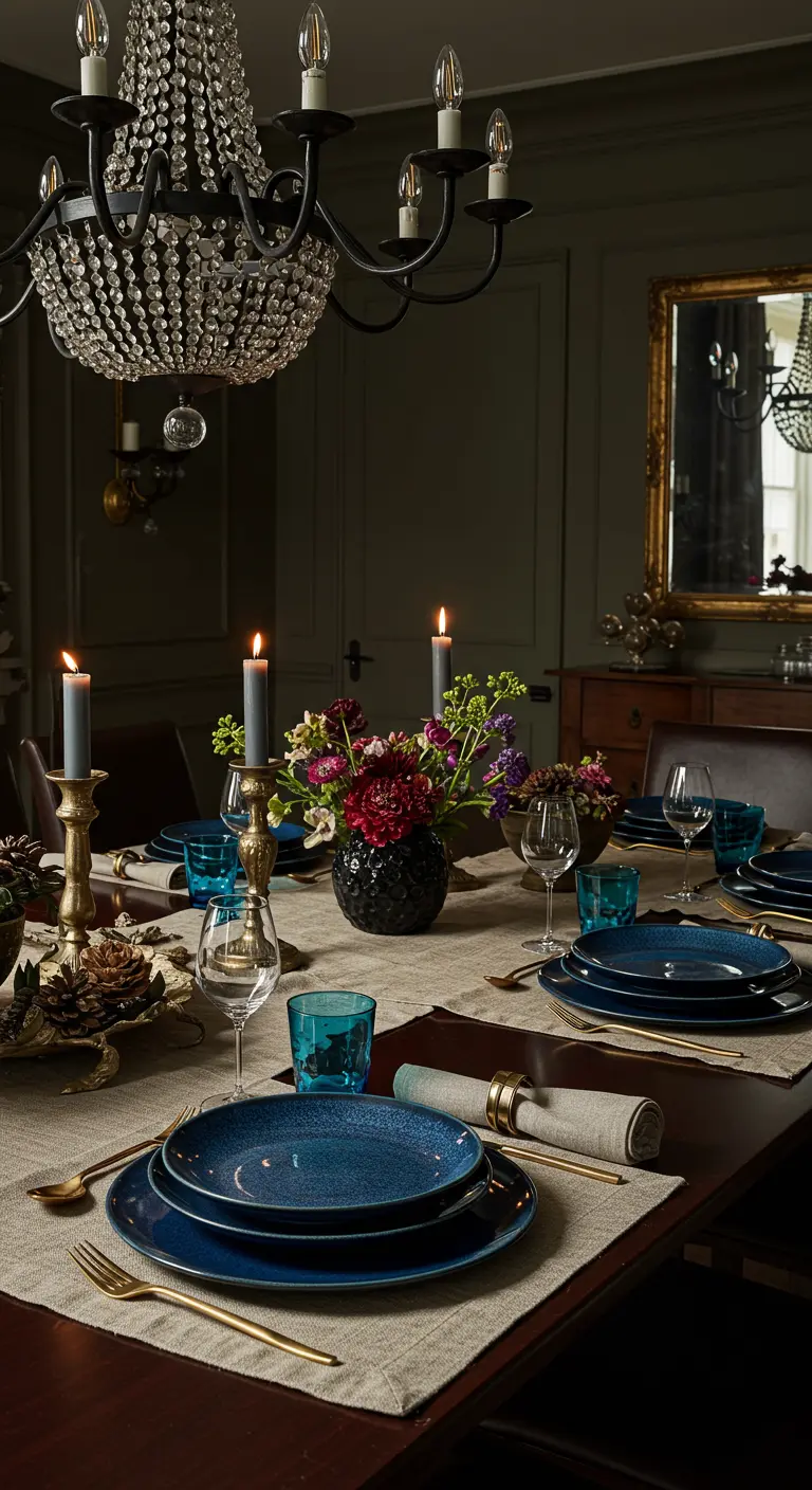 Table de dîner élégante avec assiettes en céramique bleue, bougies et lustre en cristal.