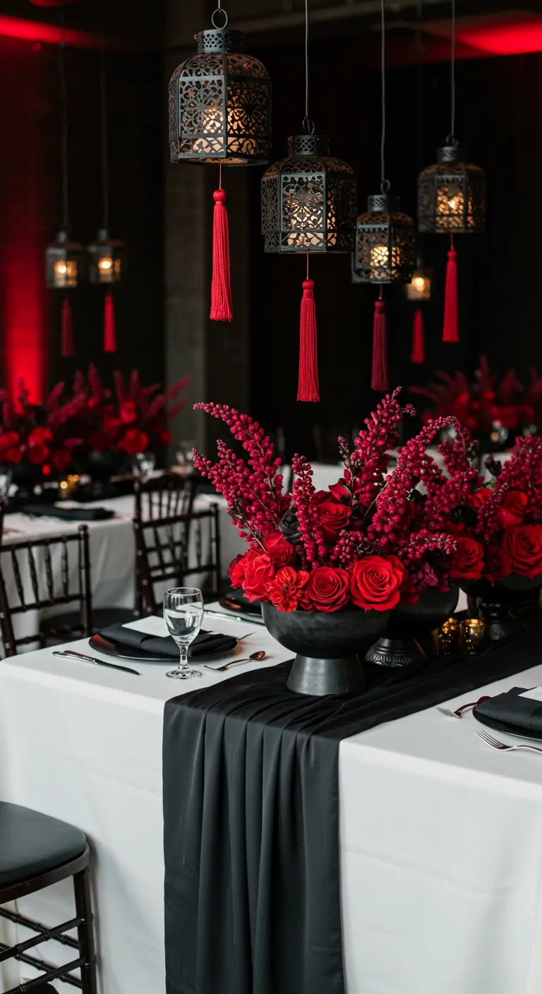 Table noire et blanche avec fleurs rouges et lanternes noires suspendues.