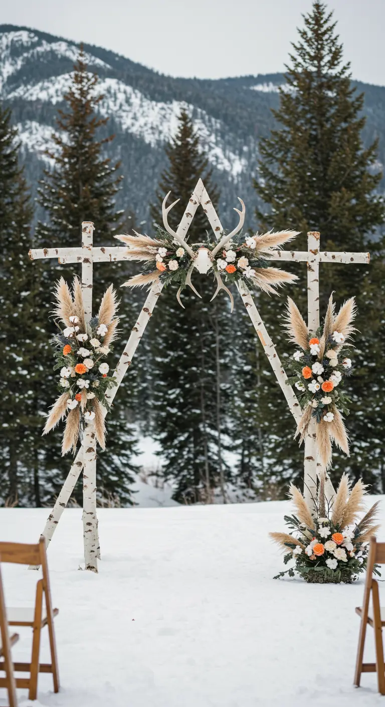 Arche en A faite de bouleaux dans la neige, décorée de pampas et de bois de cerf.