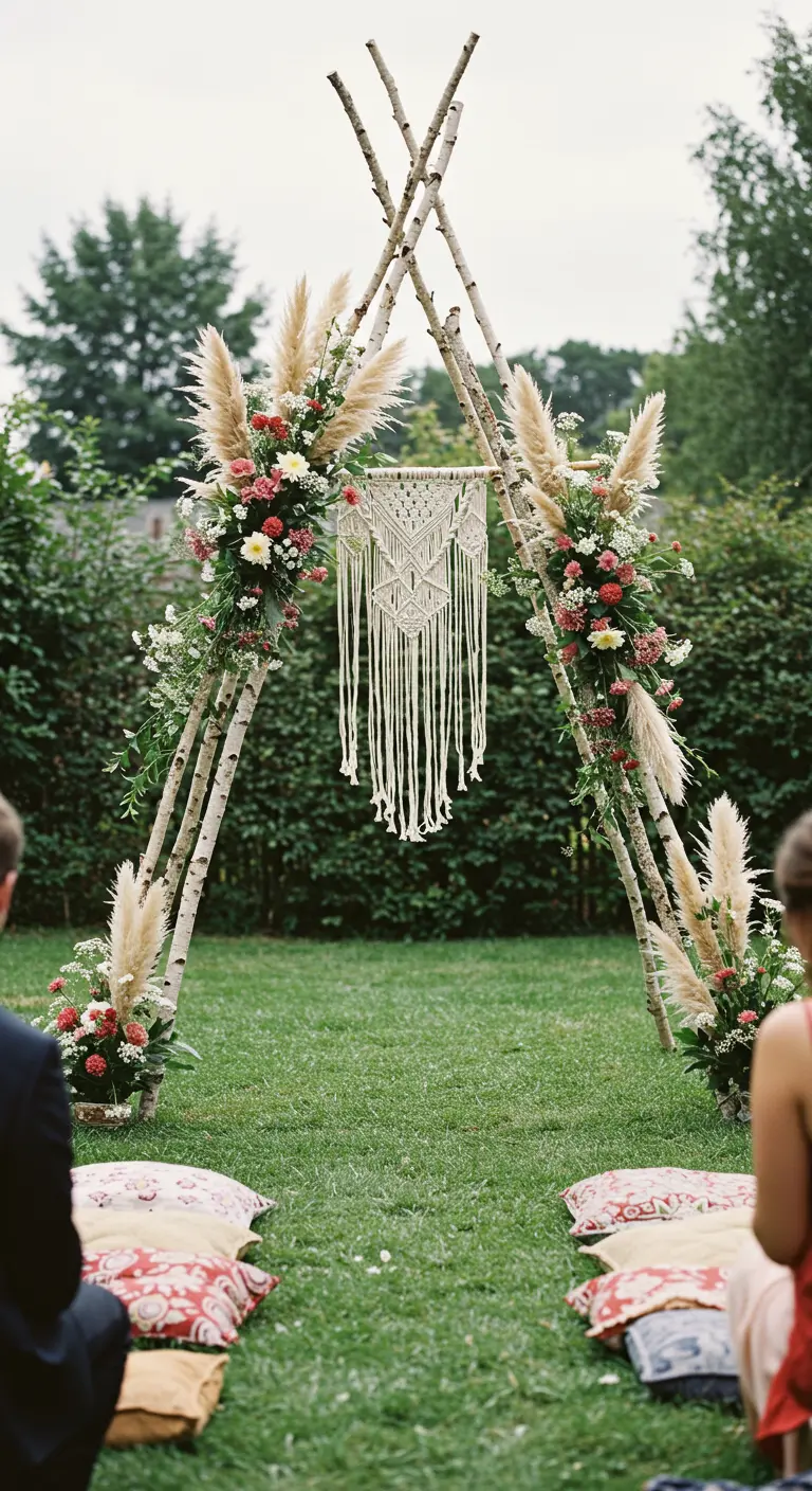 Arche en forme de tipi en bouleau, décorée de fleurs et d'un macramé.