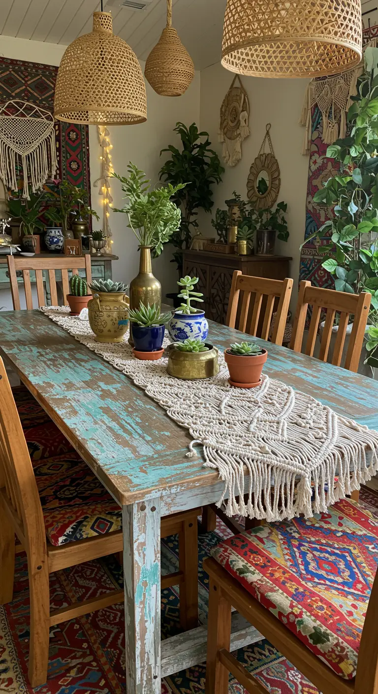 Chemin de table en macramé avec des succulentes et des plantes grasses sur une table rustique.