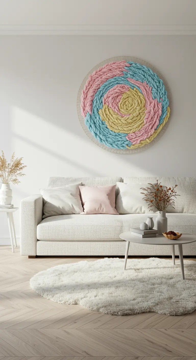 Grand tissage mural circulaire en laine pastel rose, bleue et jaune, au-dessus d'un canapé blanc.