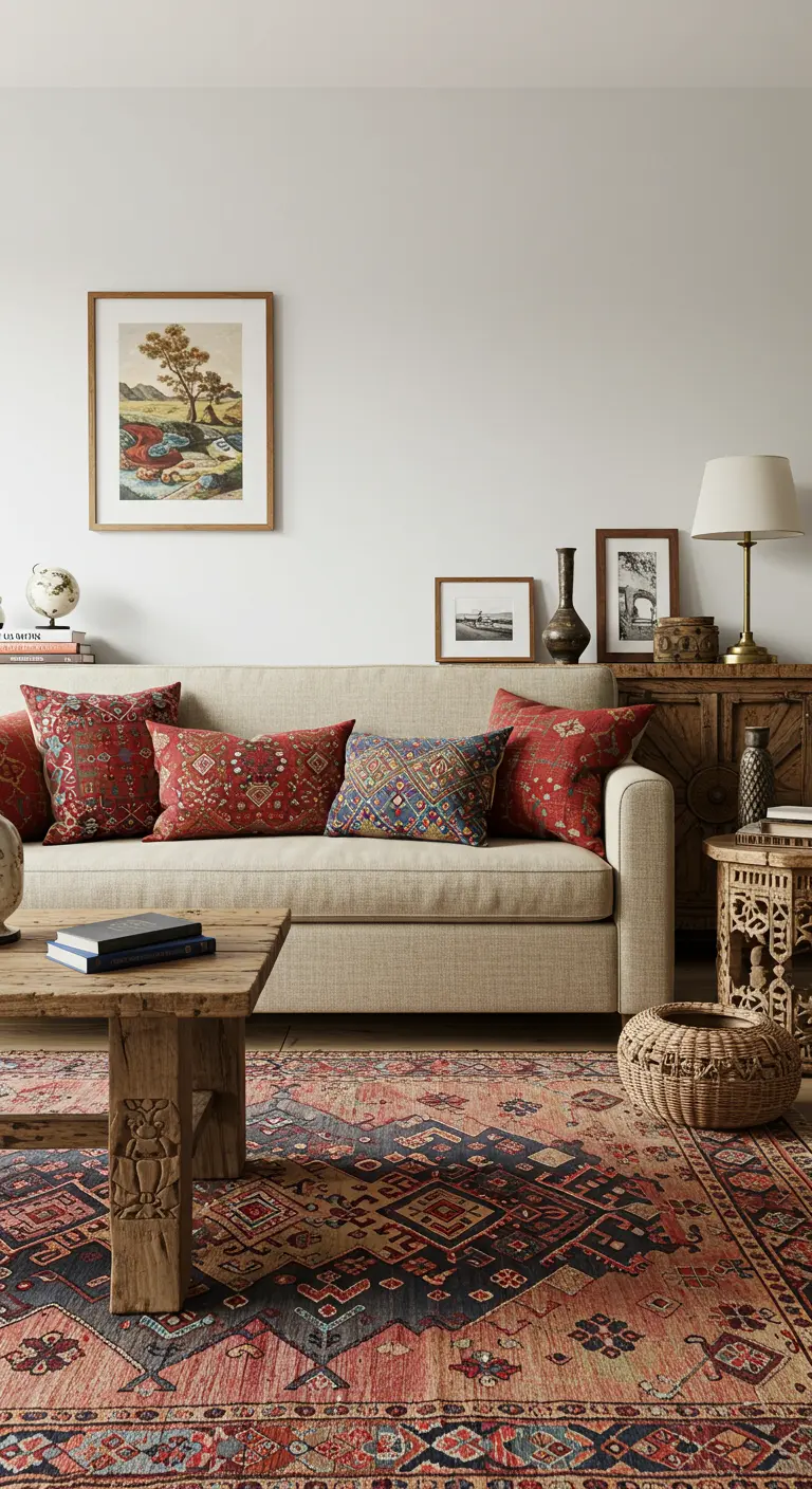 Canapé crème avec des coussins aux motifs kilim rouges et ethniques.