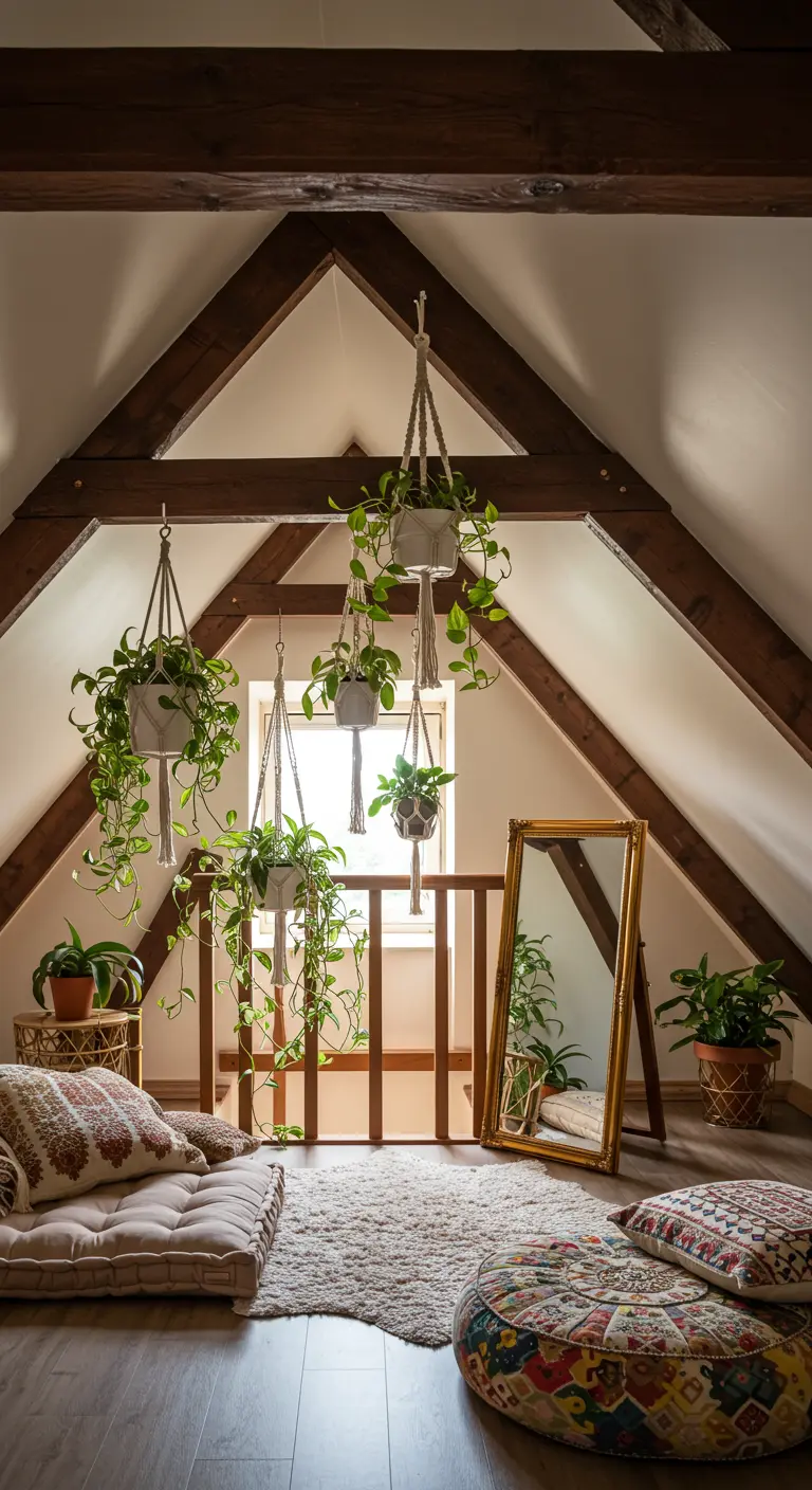 Grenier confortable avec des poutres en bois, des plantes suspendues en macramé et des coussins au sol.