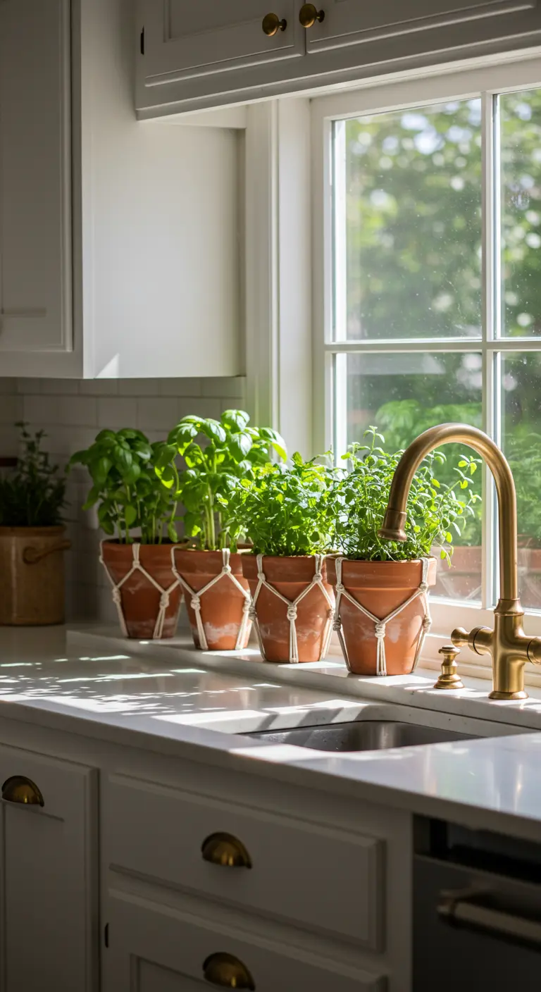 Pots d'herbes aromatiques en terre cuite avec des détails en macramé sur un rebord de fenêtre de cuisine.