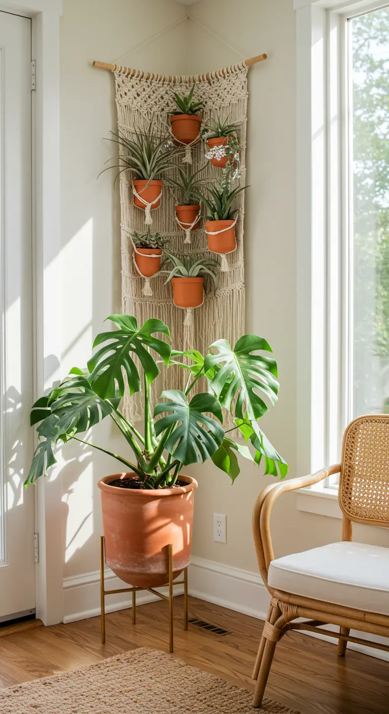 Grand Monstera dans un pot en terre cuite à côté d'une tenture murale en macramé avec des plantes.