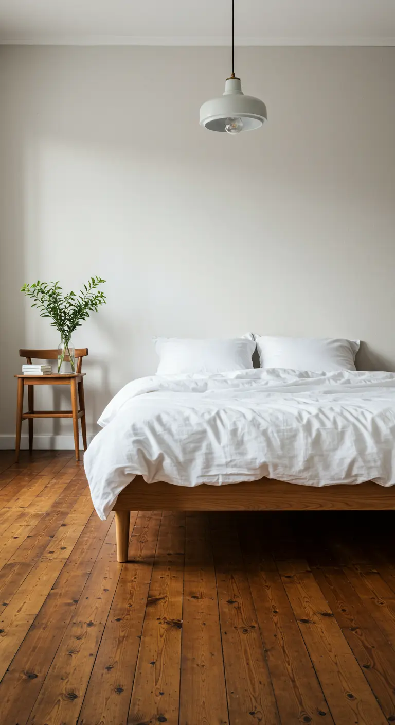 Chambre minimaliste avec des murs blancs, un lit en bois simple et un parquet en pin chaleureux.