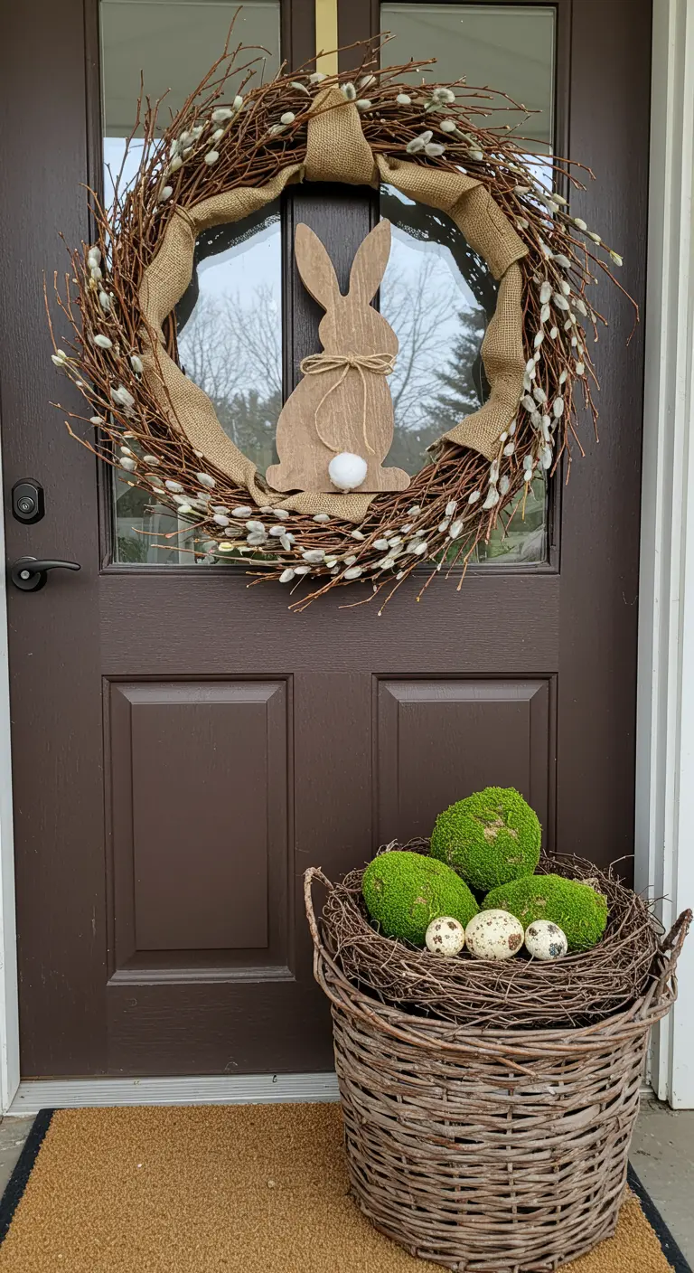 Couronne rustique en sarments et toile de jute avec lapin à queue de coton.