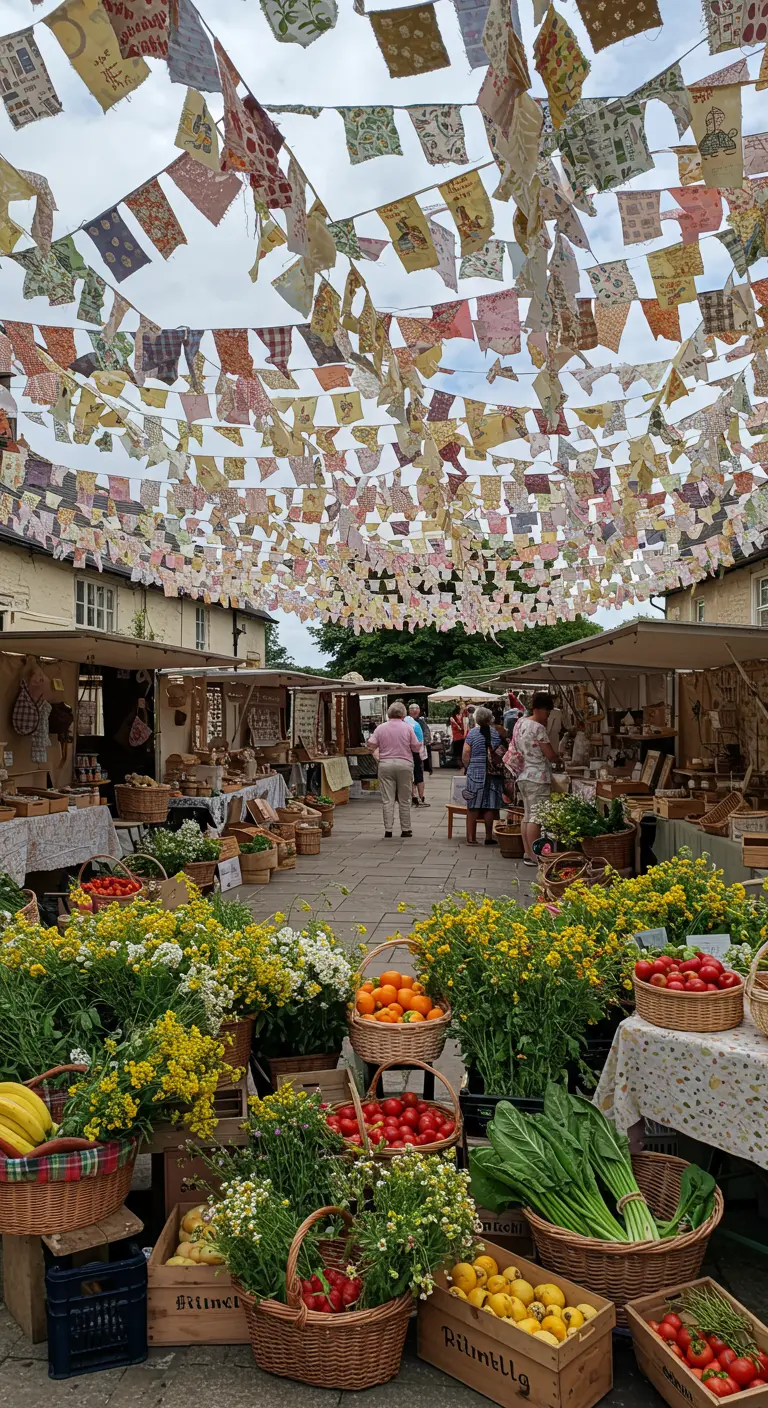 Espace extérieur avec une multitude de guirlandes de fanions en patchwork, caisses en bois fleuries et couvertures de pique-nique.