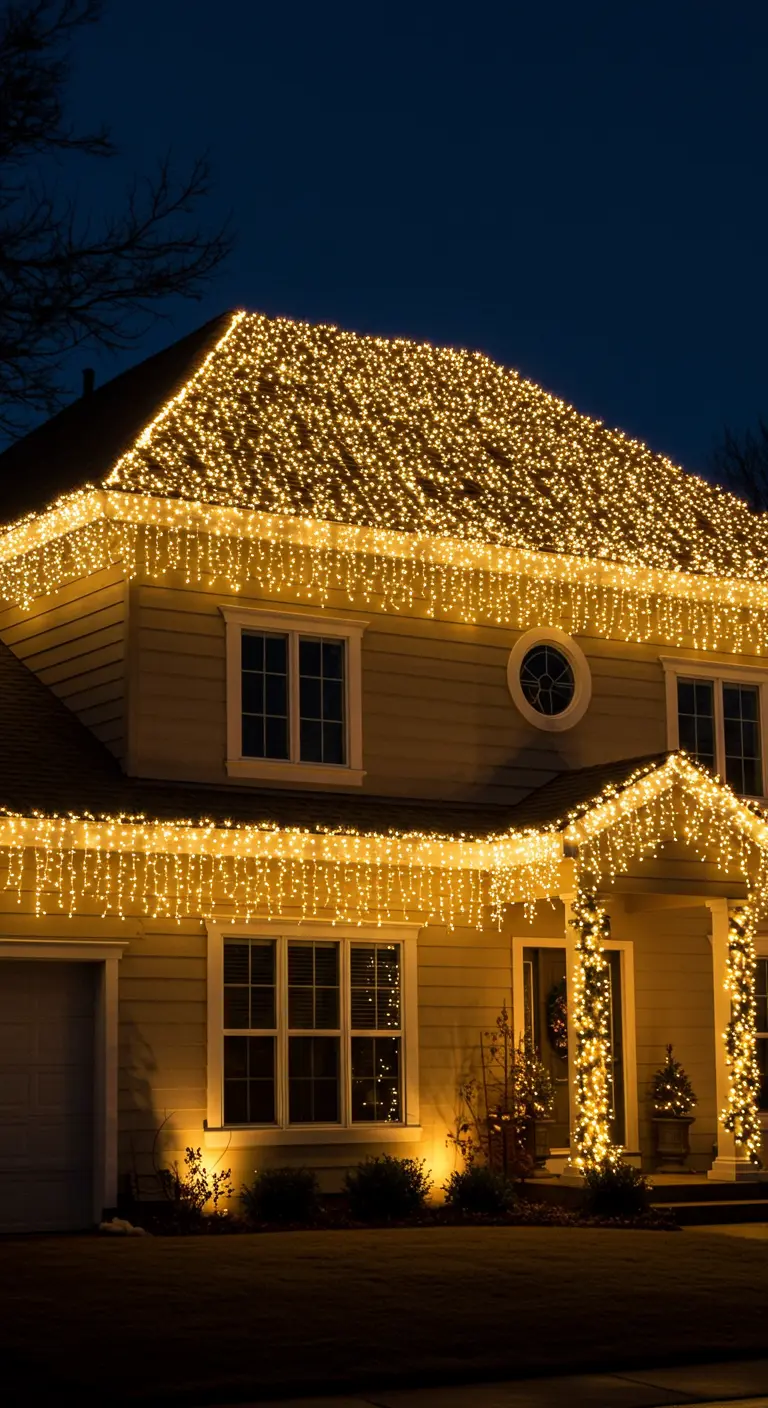 Maison entièrement recouverte de guirlandes lumineuses chaudes effet stalactites sur le toit et le porche.