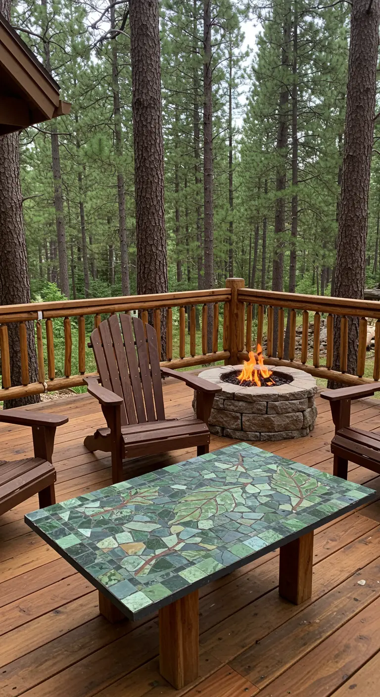 Table en mosaïque verte sur une terrasse en bois dans la forêt.